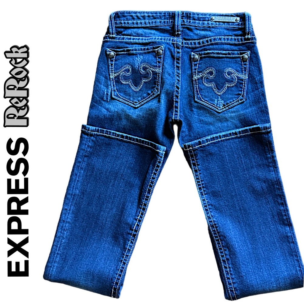 NEW Express ReRock Women’s Jeans, Retro Slim Bootcut, Distressed, Sanded Size 0R - Picture 7 of 12